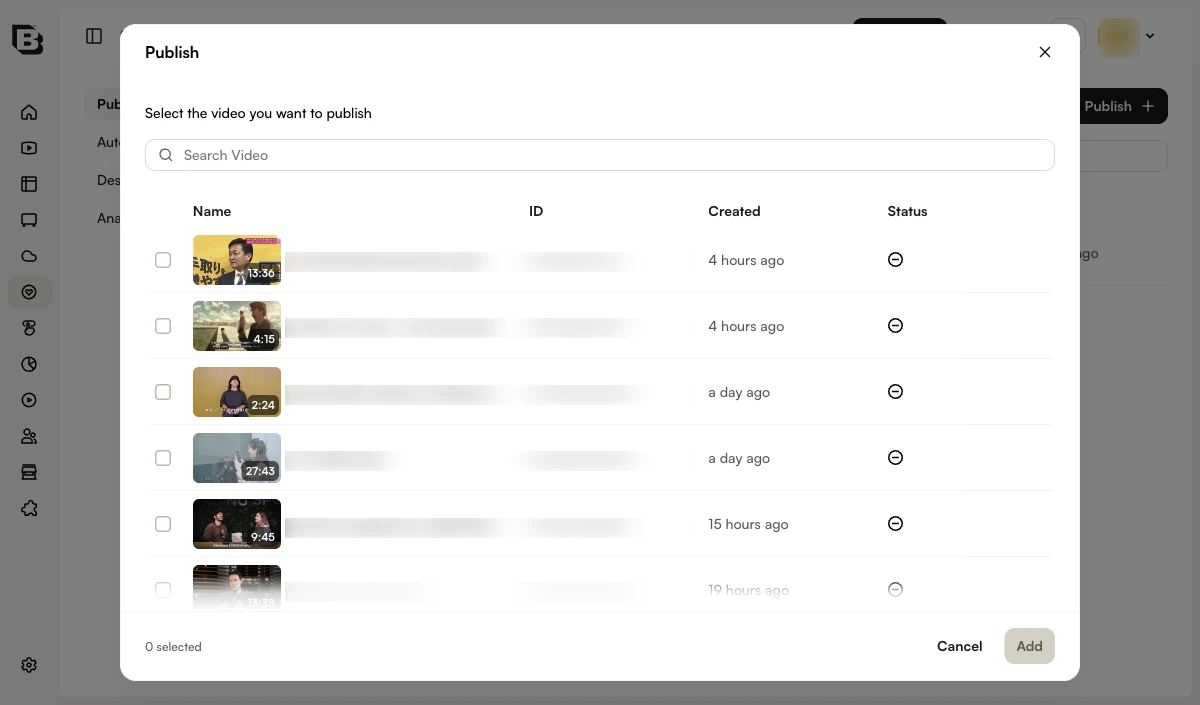Publish dialog - select video