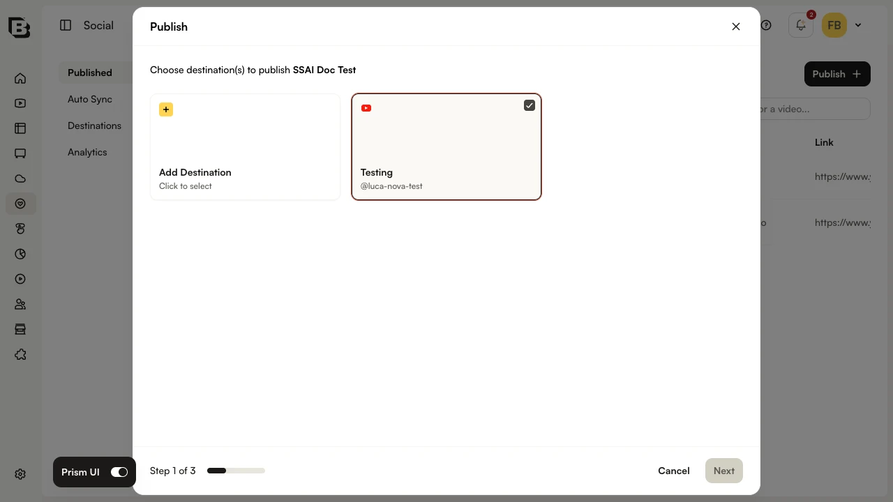 Publish dialog - choose YouTube destination