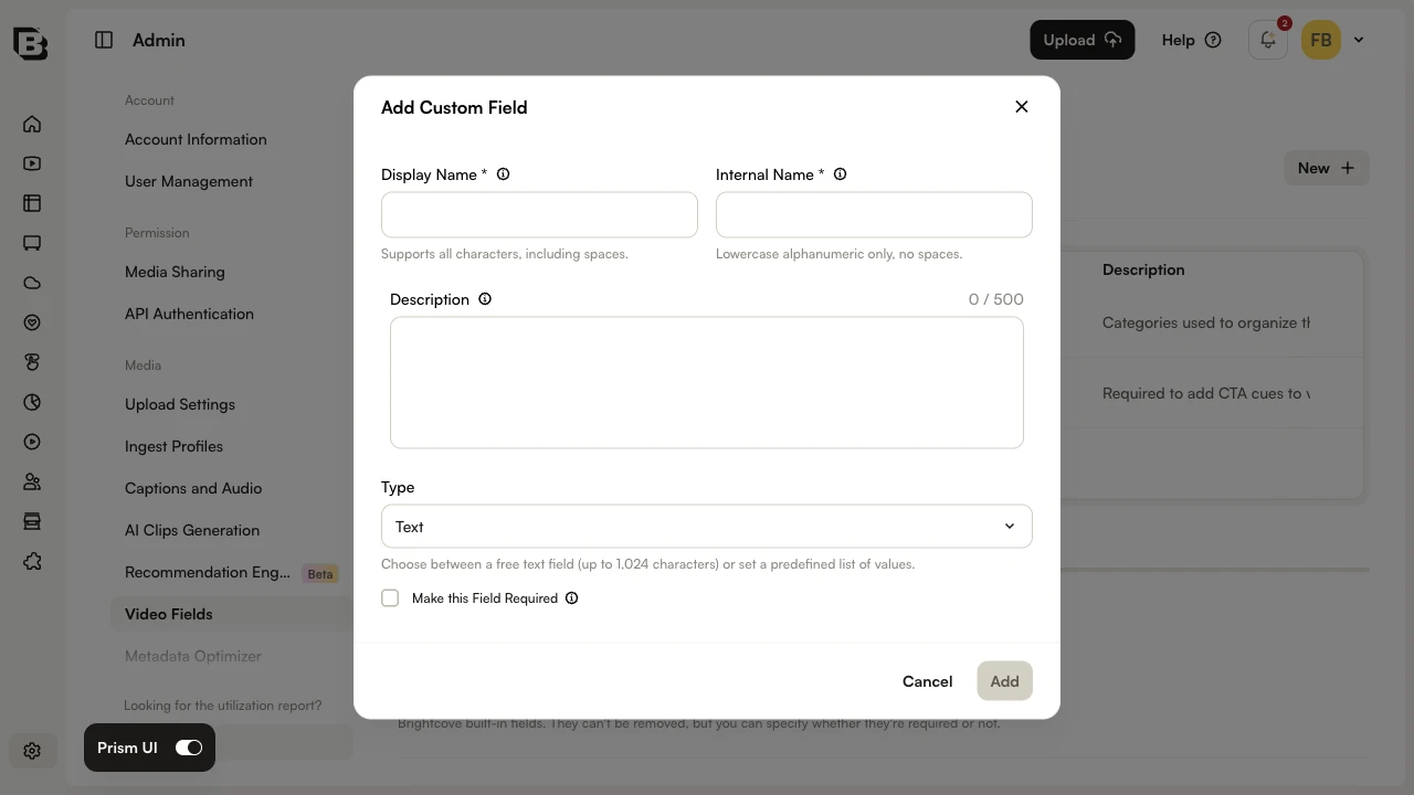 Add Custom Field dialog in Admin > Video Fields